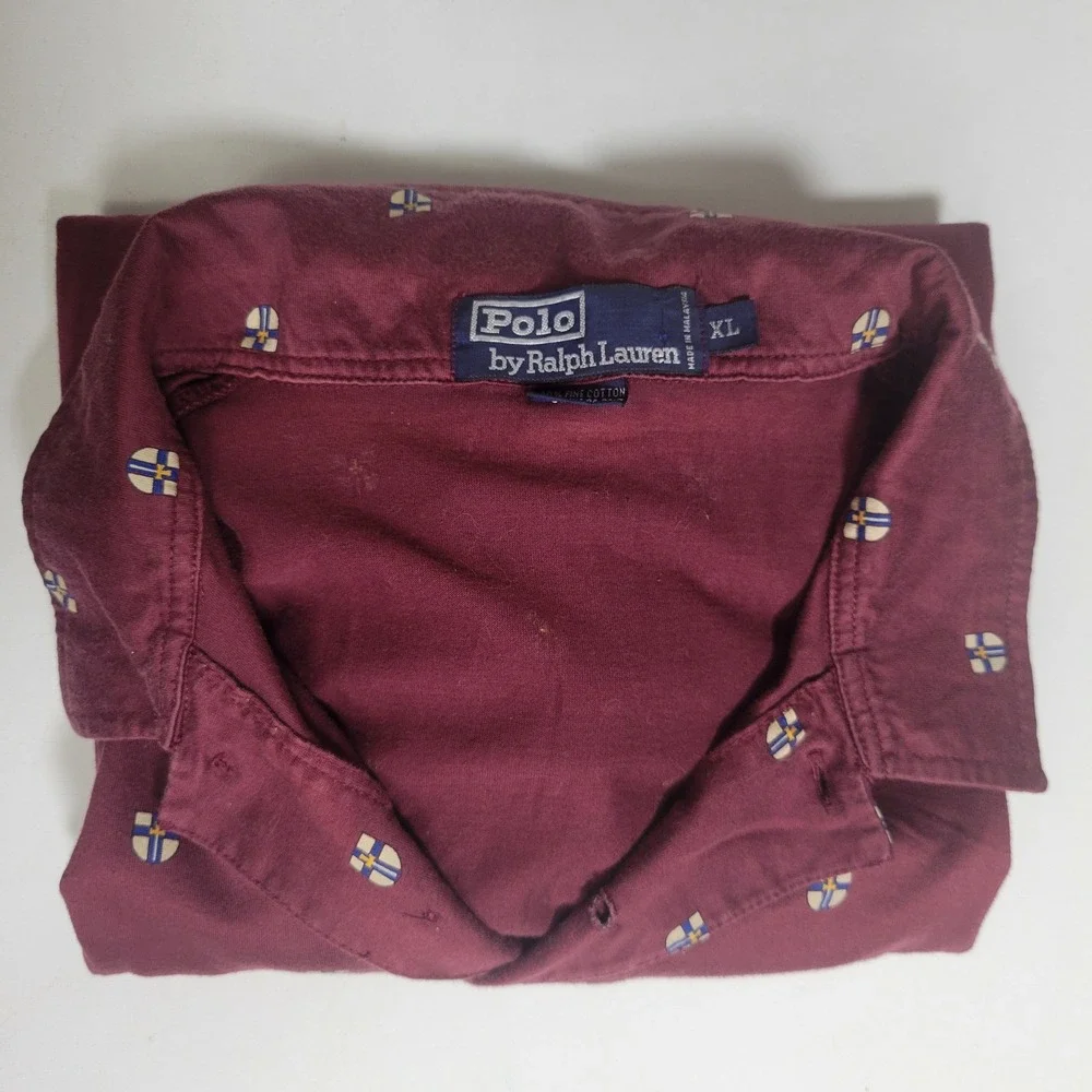 Ralph Lauren Crest All Over Print Polo Shirt Size XL Burgundy Maroon Golf Casual